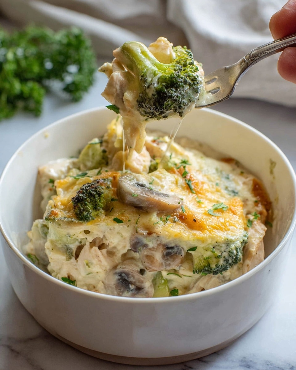 A white bowl filled with a creamy layered dish showing melted cheese in golden yellow and light brown colors on top, mixed with green broccoli florets and pieces of light beige chicken, all coated in a smooth white sauce, with small bits of green herbs scattered throughout, a woman's hand holding a silver fork lifting a bite from the bowl, the background a white marbled surface with a hint of green herb on the side. photo taken with an iphone --ar 4:5 --v 7