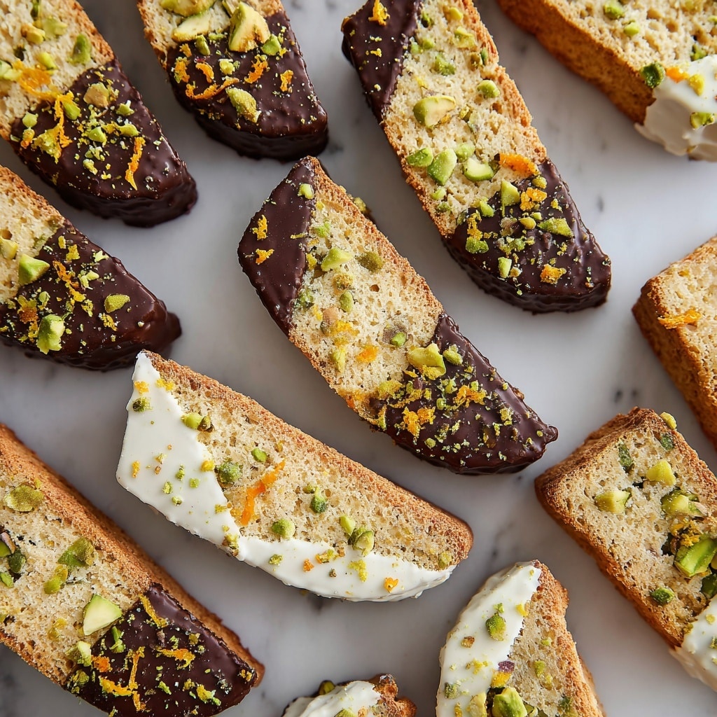 The image shows a green baking tray lined with parchment paper holding fifteen biscotti cookies arranged in three columns and five rows. Each biscotti is half dipped in either white or dark chocolate, with the chocolate side sprinkled with chopped nuts and bits of dried fruit. The uncovered half of the biscotti reveals a light golden brown cookie base studded with pistachios and dried fruit pieces. The cookies have a rough, crunchy texture on the plain side and a smooth, glossy chocolate coating on the dipped side. The background is a white marbled surface. Photo taken with an iphone --ar 4:5 --v 7
