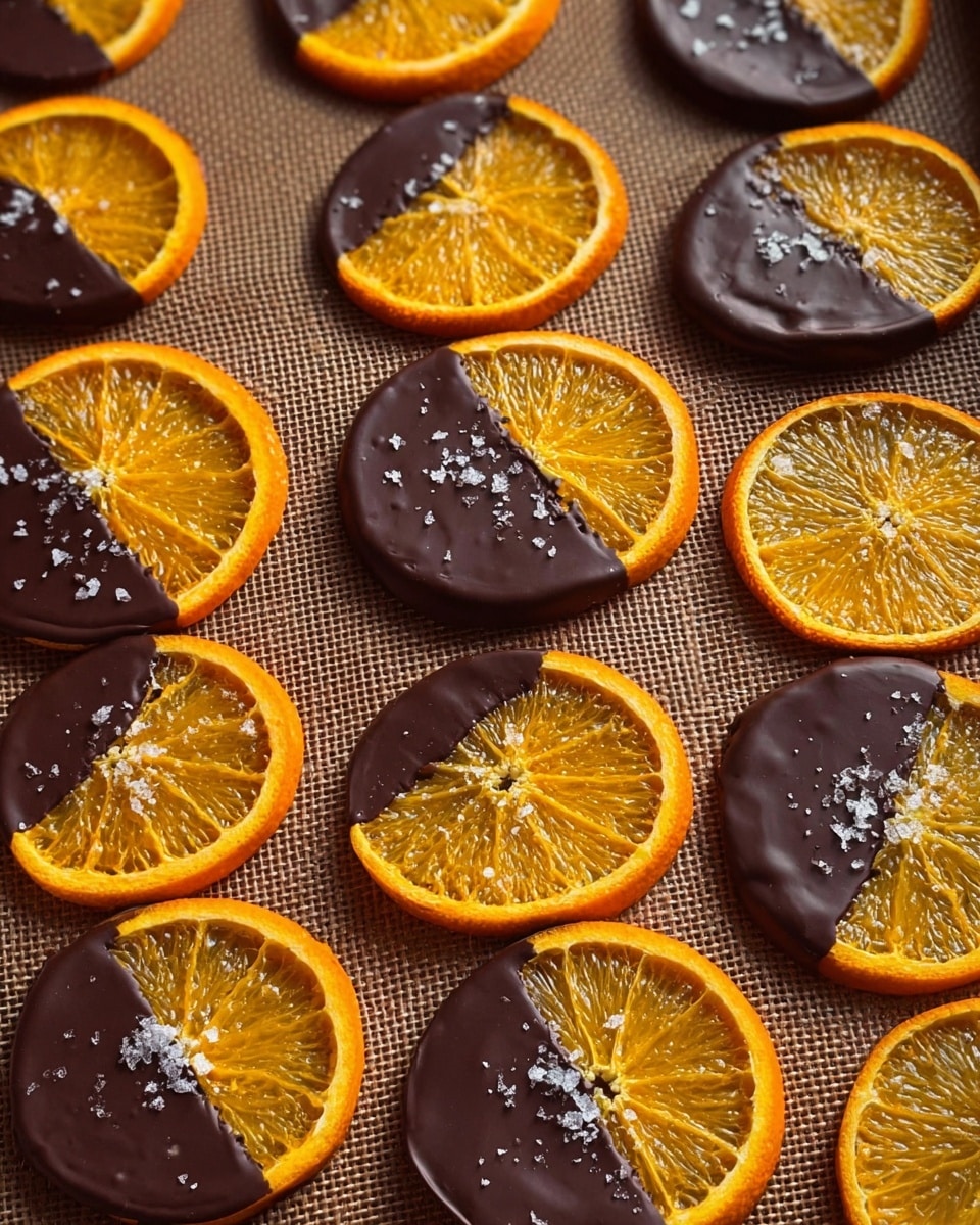 The image shows several thin slices of bright orange citrus fruit partially dipped in dark chocolate, arranged on a textured baking mat that looks like burlap but should be imagined as a white marbled texture. Each slice has two clear parts: one half is glossy, translucent orange with visible juice bubbles and detailed pulp texture, while the other half is smooth, rich dark brown chocolate with a few flakes of white sea salt sprinkled on top. The orange slices are round and evenly spaced, creating a neat repeating pattern across the surface. The contrast between the shiny orange and the matte chocolate is striking and the salt adds a finishing touch of texture. Photo taken with an iphone --ar 4:5 --v 7