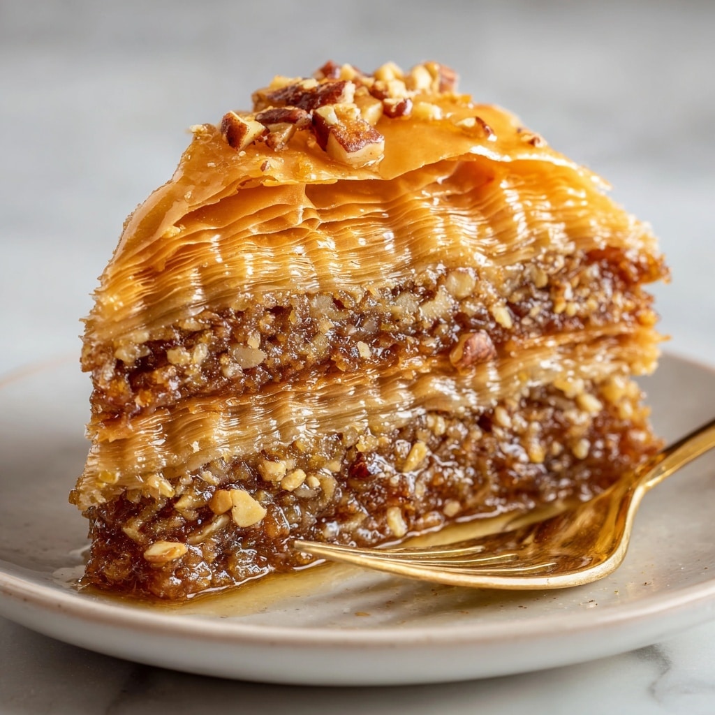 A close-up image of a slice of baklava showing multiple thin, golden-brown layers of crispy phyllo dough stacked on top. Between the phyllo layers, there are rich, textured layers of chopped nuts and syrup that look moist and sticky, with the bottom layers slightly darker and more caramelized. The top layer glistens with syrup, giving it a shiny appearance. The slice is held by a utensil against a white marbled textured background. Photo taken with an iphone --ar 4:5 --v 7