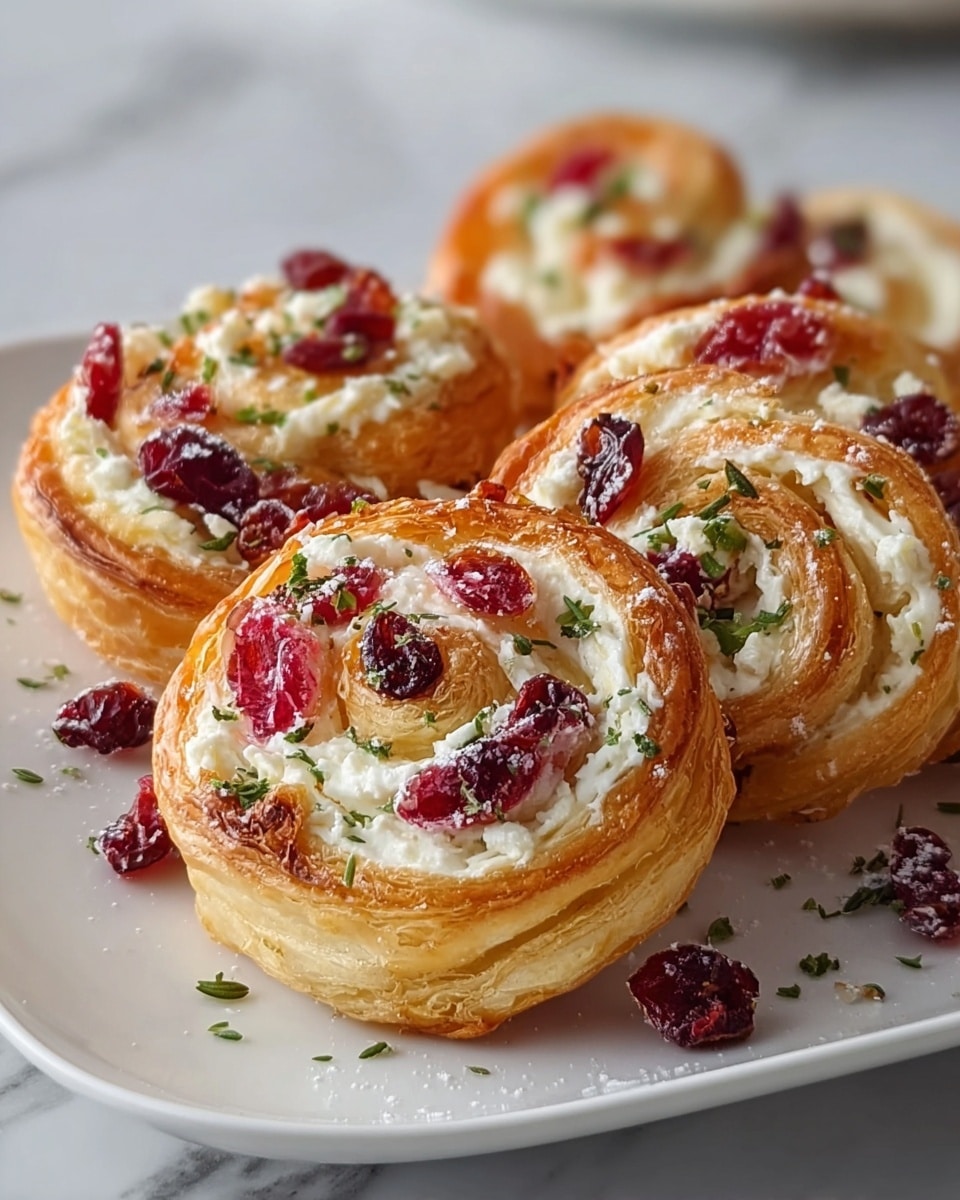 A close-up of four golden-brown puff pastry swirls on a white plate, each swirl filled with creamy white cheese, topped with small pieces of dark red sun-dried tomatoes and sprinkled with green herbs. The pastries look flaky and crisp with visible layers around the edges, and the cheese filling has a smooth, rich texture. The background is a white marbled surface. Photo taken with an iphone --ar 4:5 --v 7
