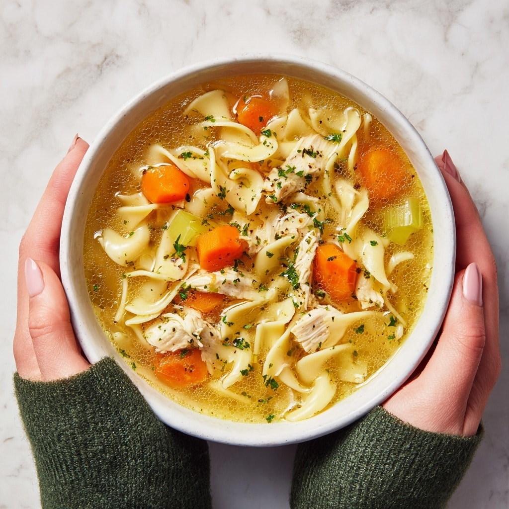 A white bowl held by two woman's hands in green sweater sleeves contains slow cooker chicken noodle soup with clear golden broth. The soup has visible thick layers of chicken chunks in off-white, wide egg noodles in pale cream, bright orange carrot slices, and pieces of light green celery. Small green parsley bits are sprinkled across the top, adding fresh color contrast. The bowl sits against a white marbled textured background. photo taken with an iphone --ar 4:5 --v 7