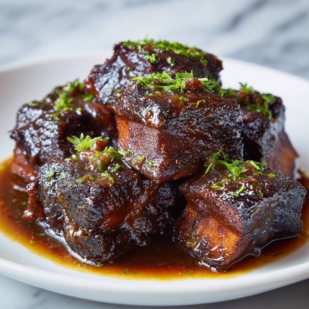 The image shows a close-up of several pieces of braised meat stacked on a white plate, each piece dark brown with a glossy, rich sauce covering them. Small bits of green herbs are sprinkled on top of the meat, adding a fresh contrast to the dark, tender texture. The sauce pools slightly around the base of the meat, giving it a shiny look. The background has a white marbled texture, keeping the focus on the meat. photo taken with an iphone --ar 4:5 --v 7