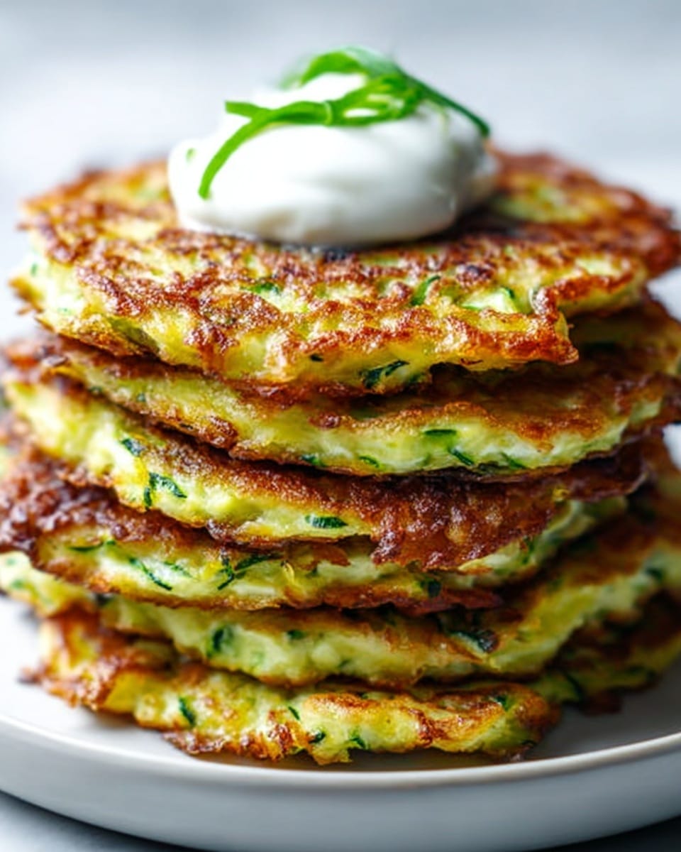 A stack of seven golden brown zucchini fritters with crispy edges is shown on a simple white plate. The fritters have visible pieces of green zucchini and small green herbs embedded in the batter. On top of the stack is a dollop of smooth white sour cream garnished with a small green herb leaf. The background is a white marbled surface, adding a clean and fresh look to the image. Photo taken with an iphone --ar 4:5 --v 7