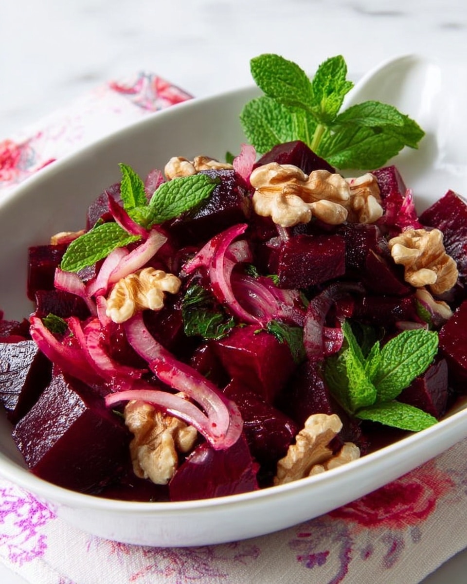 A white bowl filled with a fresh beet salad featuring deep red beet cubes as the main layer mixed with thin, pale pink onion slices. Scattered on top are light brown walnut pieces adding texture, along with bright green fresh mint leaves that add a pop of color. The bowl is placed on a white marbled surface with a hint of a floral cloth underneath. photo taken with an iphone --ar 4:5 --v 7
