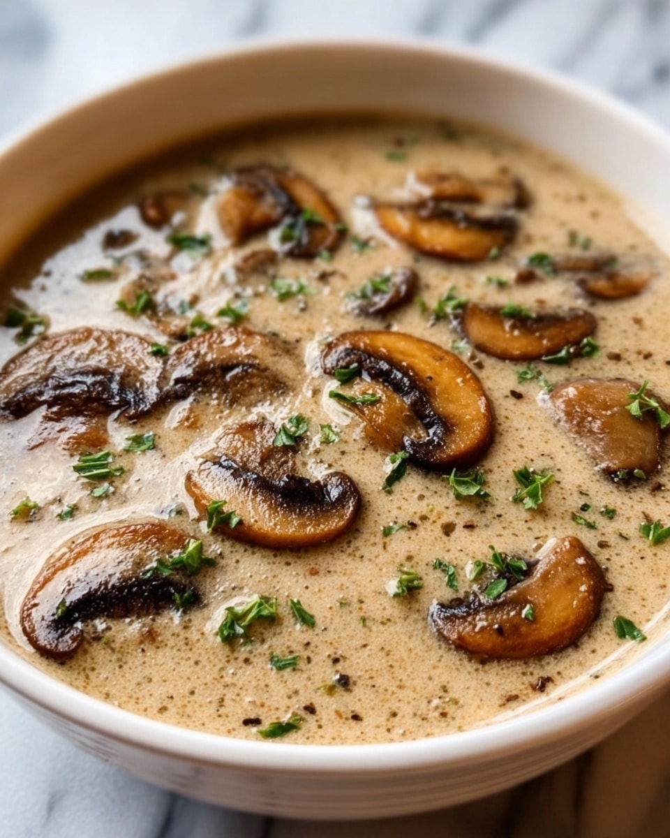 The image shows a white bowl filled with creamy mushroom soup. The soup has a thick, beige base with smooth texture. On top, there are several slices of cooked brown mushrooms spread evenly, some partially submerged, with tiny green herbs sprinkled over for color. The bowl rests on a white marbled surface. The lighting highlights the shine on the soup and the mushrooms, making it look fresh and warm. Photo taken with an iphone --ar 4:5 --v 7