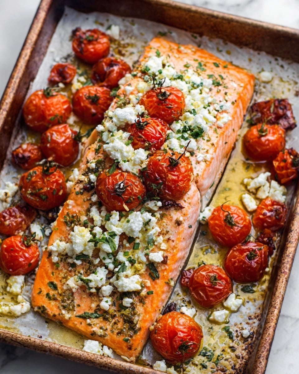 A white rectangular baking tray holds two large pieces of roasted salmon, each topped with white crumbled cheese, green herbs, and halved roasted cherry tomatoes, some placed on the salmon and some scattered around it. The salmon has a golden-brown cooked surface with a slightly crispy texture, while the cherry tomatoes are deep red with a soft, juicy look. There is a light layer of oil and seasoning surrounding the salmon and tomatoes, creating a shiny, appetizing finish. The tray rests on a white marbled surface. Photo taken with an iphone --ar 4:5 --v 7