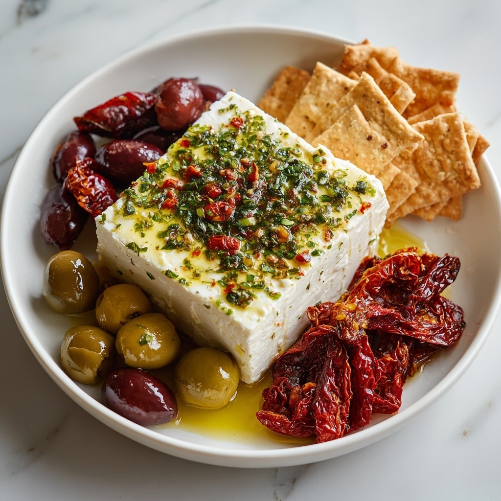 A white round plate holds a colorful Mediterranean-style dish. In the center is a thick square block of white feta cheese topped with green herbs and a light drizzle of olive oil, giving it a shiny surface with small reddish bits scattered on top. Surrounding the cheese are layers of glossy green and brown olives to the right, and wrinkled deep red sun-dried tomatoes to the left, both showing a shiny texture. At the top right, there is a small pile of light brown cracker pieces, adding a crunchy texture to the mix. The plate sits on a white marbled surface. photo taken with an iphone --ar 4:5 --v 7