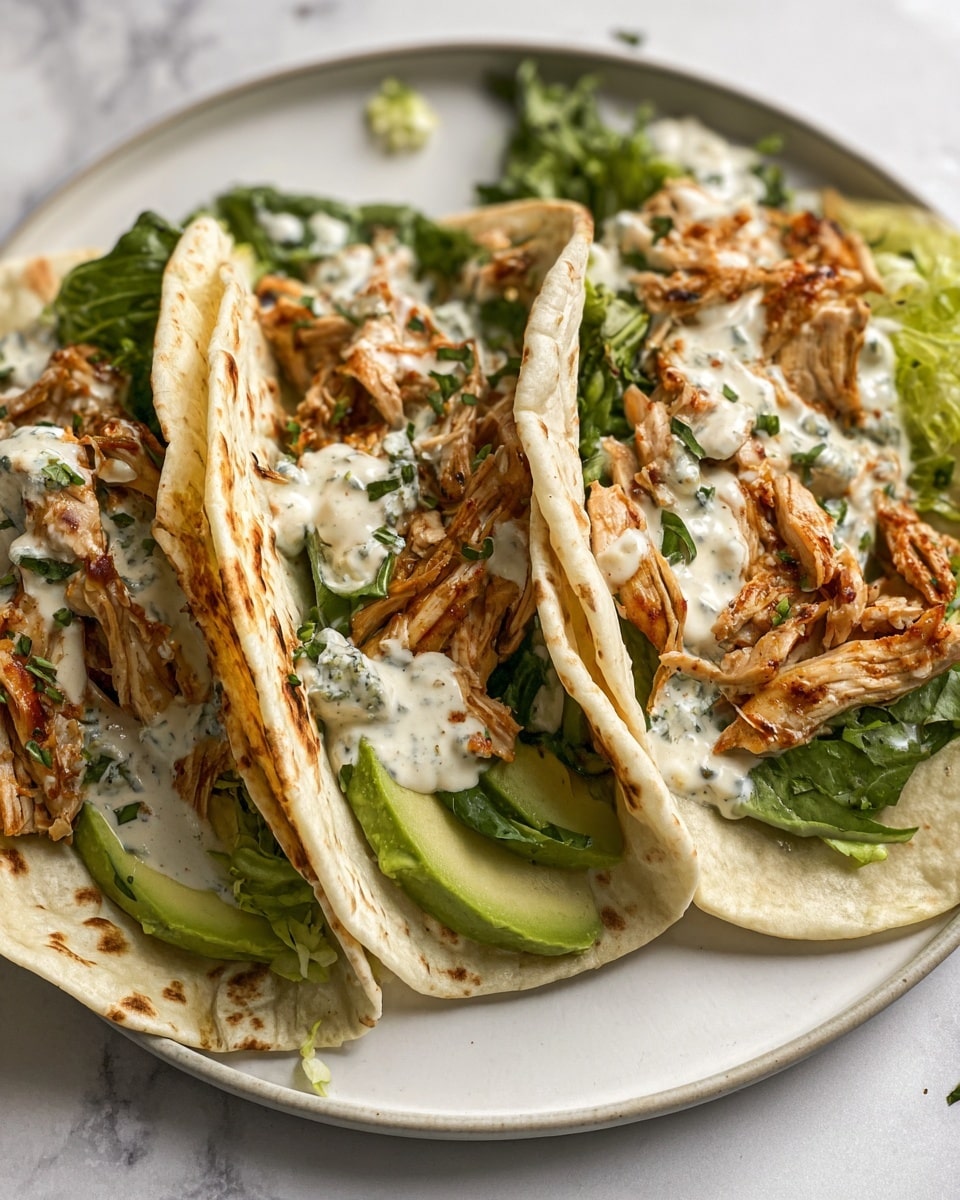 A woman’s hand holds a soft white taco shell filled with three layers: the first layer is shredded light brown chicken, the second layer includes bright green leafy lettuce and slices of green jalapeño peppers, and the third layer is a creamy white sauce drizzled generously over the top with some fresh herbs mixed in. In the background, two similar tacos rest on a white tray with a spoon and a small white bowl. The setting is a white marbled surface. photo taken with an iphone --ar 4:5 --v 7