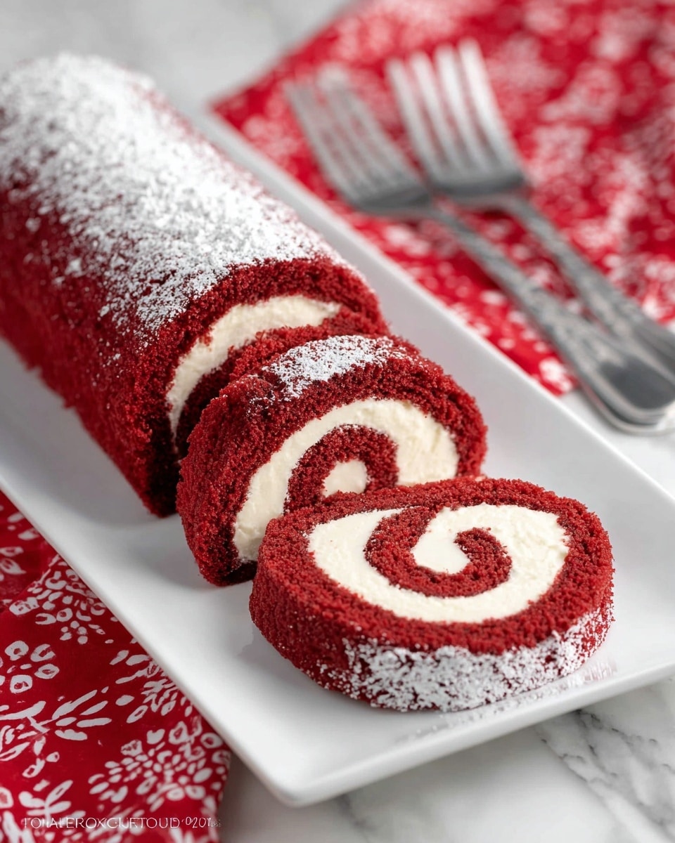 The image shows eight slices of red velvet roll cake neatly arranged in two rows on a white rectangular plate. Each slice reveals two visible layers: a deep red, soft and moist cake layer that is rolled with a creamy white filling layer forming a swirl pattern inside. The tops of the slices have a light dusting of powdered sugar giving a delicate touch. The plate sits on a white marbled surface, with a metal sieve containing powdered sugar nearby, and a white plate with two silver forks on the left. A red and white patterned cloth is partially visible on the right side. Photo taken with an iphone --ar 4:5 --v 7
