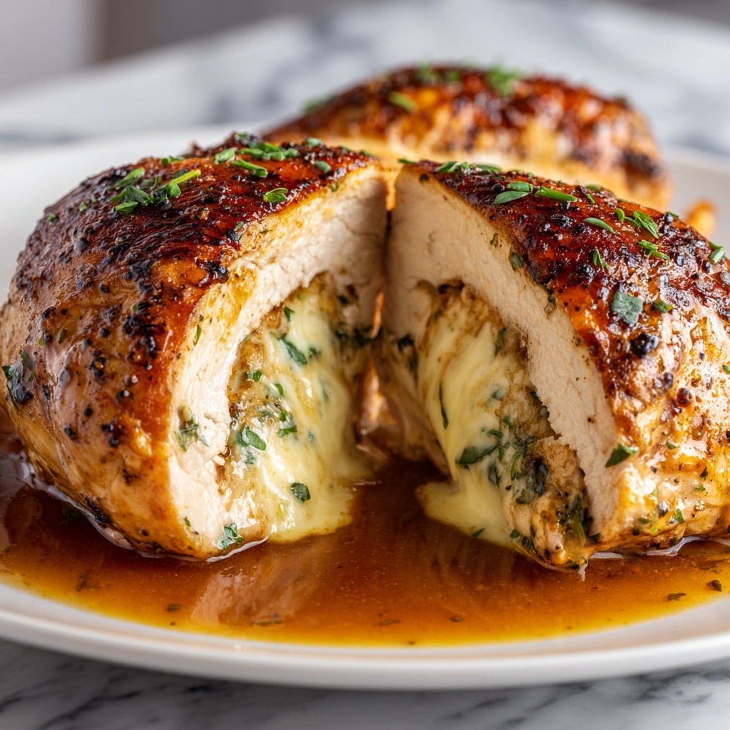 A close-up of a cooked stuffed chicken breast showing three main layers: the outer layer is golden-brown with crispy skin and bits of seasoning on top, the middle layer is thick white cooked chicken meat, and the inner layer is creamy and green-speckled herb filling with a soft texture. Small green herb sprigs are placed on top of the chicken. The dish is set in a dark pan placed on a white marbled surface. photo taken with an iphone --ar 4:5 --v 7