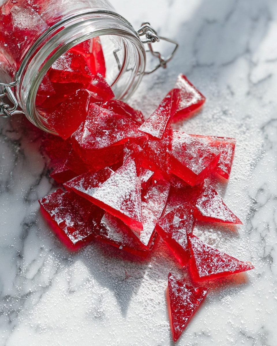 Two clear glass jars with metal clasps are filled with bright red, rectangular-shaped candy pieces coated lightly with a white powder. The closest jar is opened with pieces sticking out above the rim, showing many layers of shiny, translucent red candy. The second jar, also open, sits out of focus behind the first. Both jars rest on a white marbled surface against a plain white background. Photo taken with an iphone --ar 4:5 --v 7