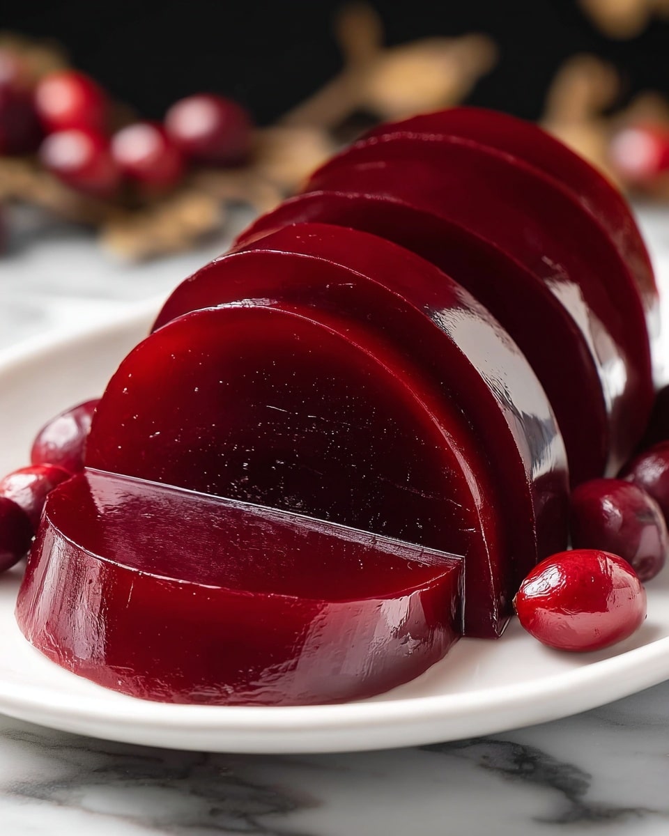 The image shows a smooth, glossy deep red gelatin dessert sliced into six thick pieces arranged on a white plate. The gelatin has a shiny, reflective surface and a consistent, firm texture. The slices are evenly cut and slightly curved, leaning against the unsliced portion on one side. Whole cranberries surround the plate on a white marbled surface. The background is softly blurred with dark tones, making the rich red color of the gelatin stand out. photo taken with an iphone --ar 4:5 --v 7