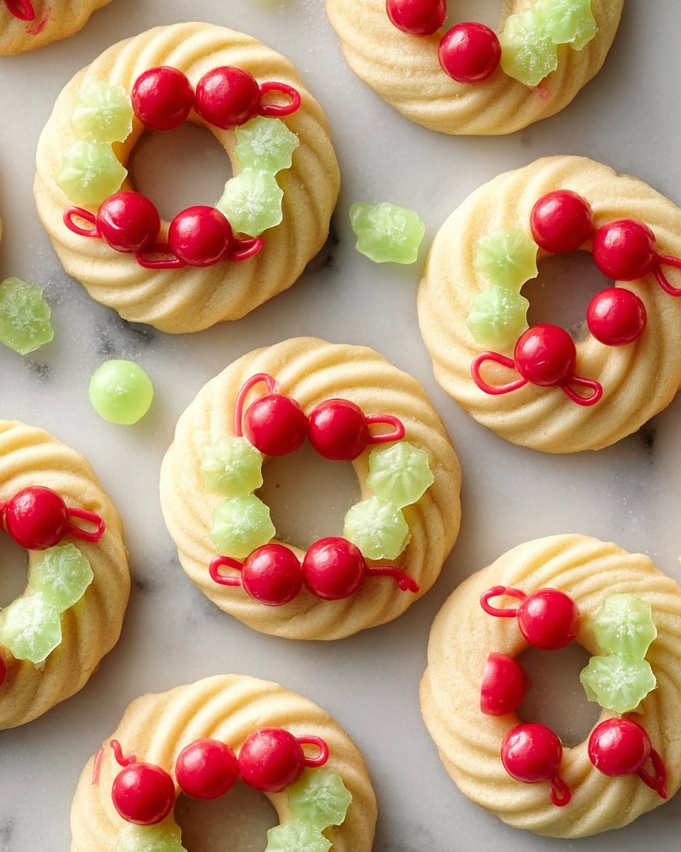 The image shows several round, ring-shaped cookies with a ridged texture, arranged on a white marbled surface. Each cookie is a light golden color with a smooth, slightly crumbly texture. Around the rings, small bright red round candies and translucent light green leaf-shaped candies decorate the top, giving the cookies a festive look. Some cookies have small, thin red icing lines shaped like bows on one side of the ring. The cookies are spread out evenly, with some overlapping slightly, showing their delicate layers and colorful decoration. photo taken with an iphone --ar 4:5 --v 7