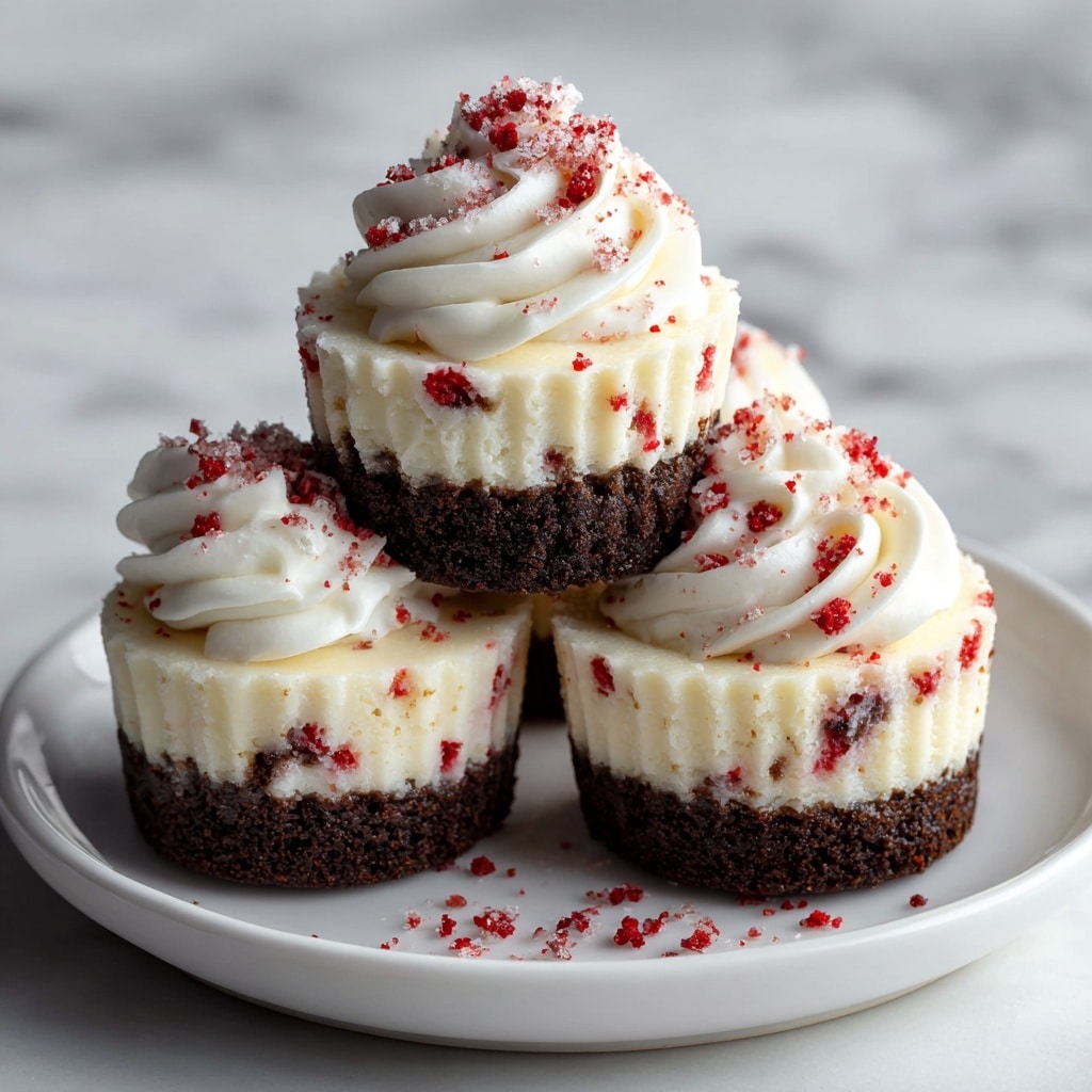 The image shows small cupcakes with three main layers on a white plate: the bottom layer is dark and crumbly, resembling a black cookie crust; the middle layer is thick, creamy, and pale with small red specks mixed in; the top layer is a generous swirl of smooth white frosting with a slight wave texture and a light dusting of red powder on top. The cupcakes are set against a white marbled texture background, and the focus is on the nearest cupcake with others softly blurred behind it. Photo taken with an iphone --ar 4:5 --v 7
