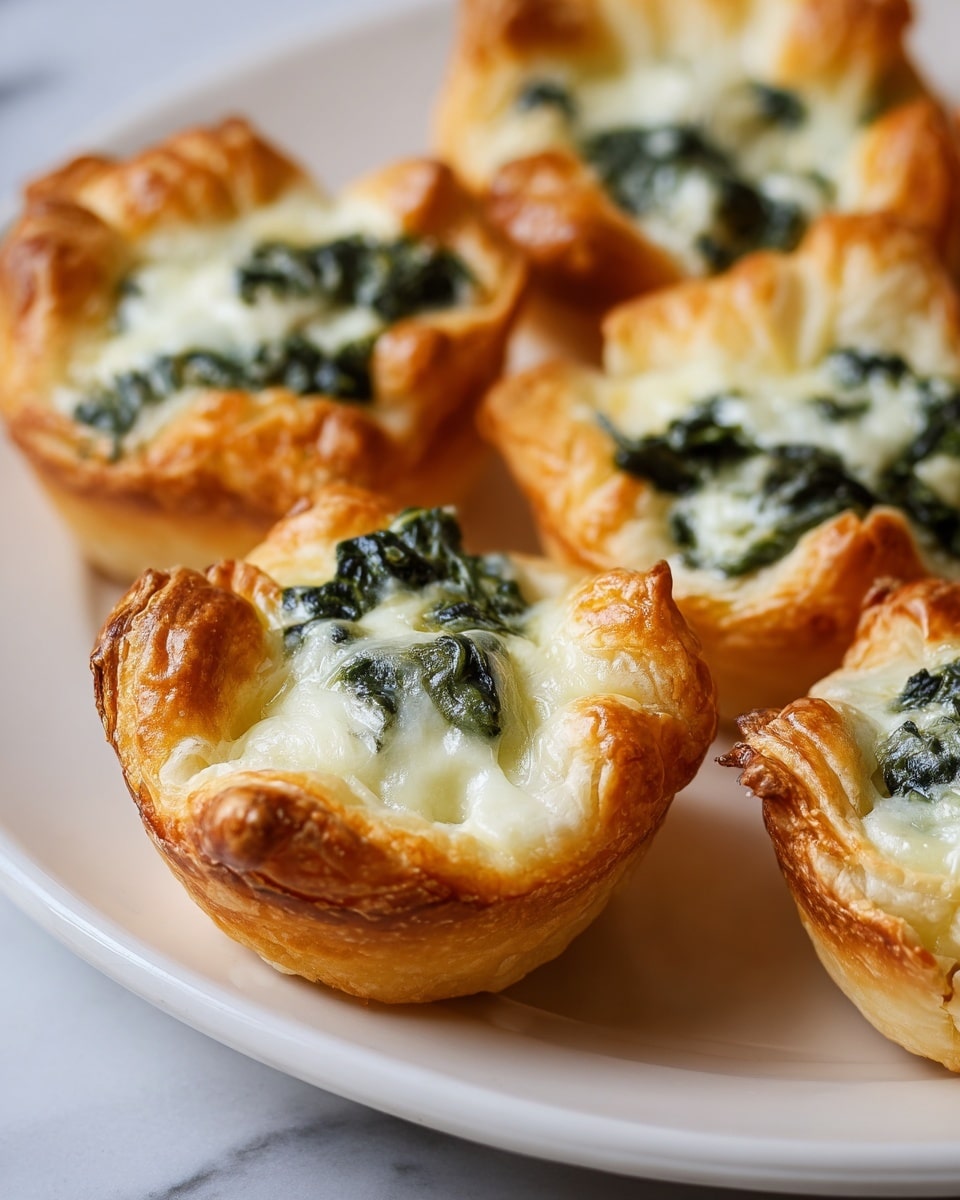 The image shows several small, golden-brown puff pastry cups arranged on a white plate, each filled with a creamy white cheese layer topped with dark green spinach. Each cup has a crispy, flaky texture with slightly browned edges, and the cheese appears melted and smooth over the spinach. The plate sits on a white marbled surface, and the close-up focus highlights the texture of the pastry and the creamy filling with green leafy bits scattered inside. photo taken with an iphone --ar 4:5 --v 7