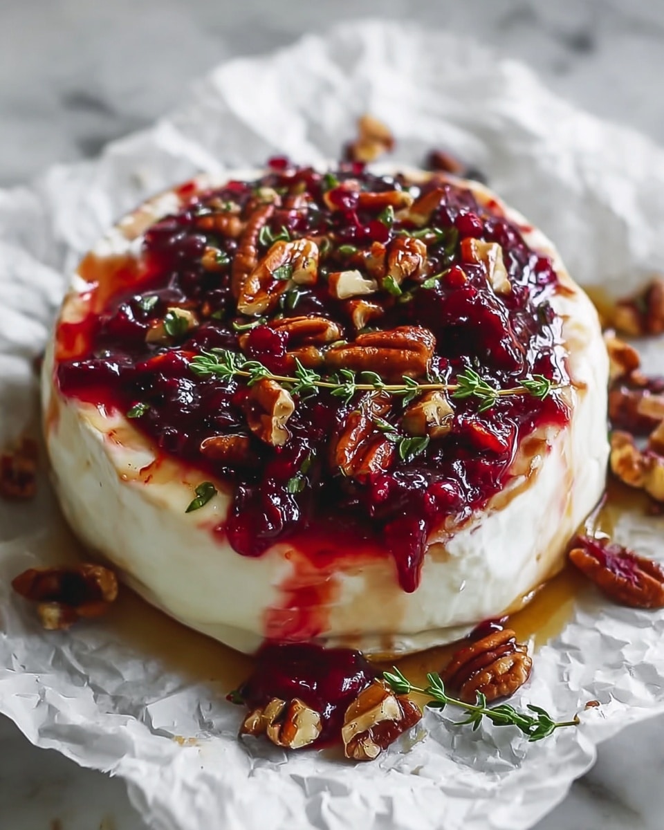 A round, thick wheel of creamy white cheese sits slightly melting on wrinkled white parchment paper, with a glossy dark red fruit compote made of cherries and cranberries generously layered on top. The compote is mixed with small chopped nuts, mainly pecans, giving a crunchy texture to the top layer. Sprigs of fresh green herbs, likely rosemary or thyme, are scattered among the fruit and nuts, adding a touch of natural green color contrast. The red sauce from the compote slightly drips down the sides, mixing with the melted cheese and pooling on the white parchment below. The scene is close-up and cozy, set against a white marbled texture background. photo taken with an iphone --ar 4:5 --v 7
