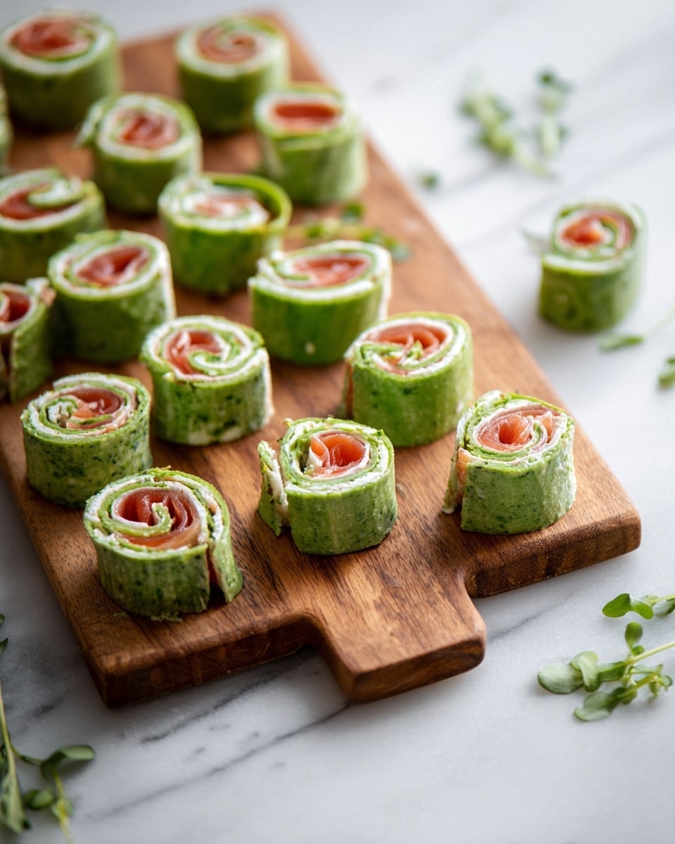 A wooden board holds fifteen small green pinwheel rolls arranged in three rows of five. Each roll has three visible layers: a bright green outer wrap, a creamy white middle layer, and a reddish inner spiral in the center. The green wrap looks soft and slightly speckled, the white layer is smooth, and the red layer is thinly sliced, resembling smoked salmon. A few extra pinwheel rolls are scattered on a white marbled surface around the board, with some green herb pieces nearby. The image has a soft focus with a bright, natural light. photo taken with an iphone --ar 4:5 --v 7