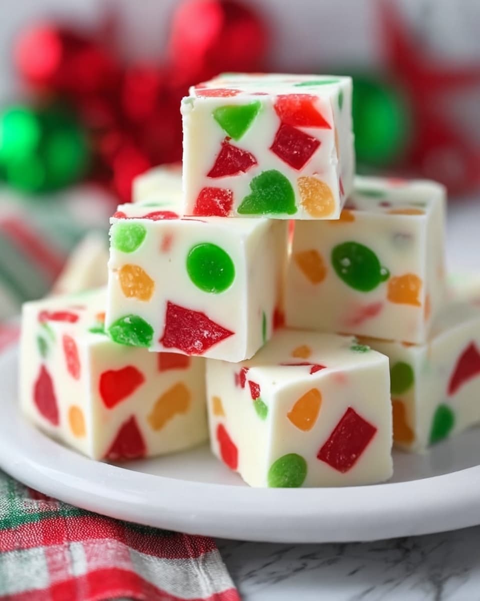 The image shows several white fudge cubes stacked on a white plate, each cube filled with colorful red, green, and orange candy pieces scattered inside. The fudge has a smooth and creamy texture, and the colorful candy bits inside vary in size and shape, adding a playful look. The cubes are arranged in a neat and slightly leaning stack, and some focus is on the front cubes showing the candy pieces clearly. The scene has a soft background with faint blurred holiday colors and a white marbled surface under the plate, with a red, green, and white striped cloth partially visible in the bottom foreground. photo taken with an iphone --ar 4:5 --v 7