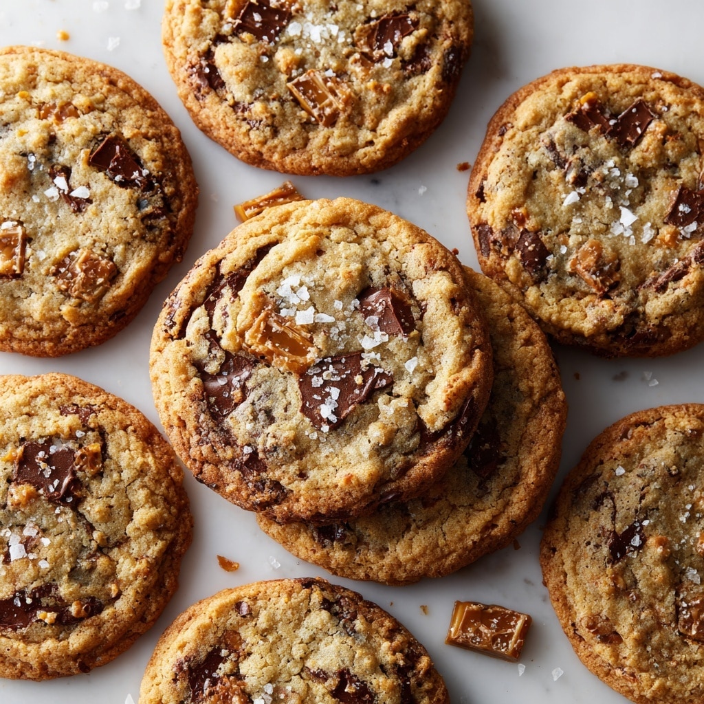 The image shows a group of soft, round cookies scattered on a white marbled surface. Each cookie has a rough, golden-brown texture with swirls of dark chocolate chunks embedded within the dough. Pieces of brittle, caramel-colored toffee are also visible both inside the cookies and scattered around them. The cookies are topped with small flakes of white sea salt, adding a slight contrast in texture and color. One cookie in the middle is cracked open, revealing a gooey center with melted chocolate and toffee bits. The overall look is warm, inviting, and rustic. photo taken with an iphone --ar 4:5 --v 7