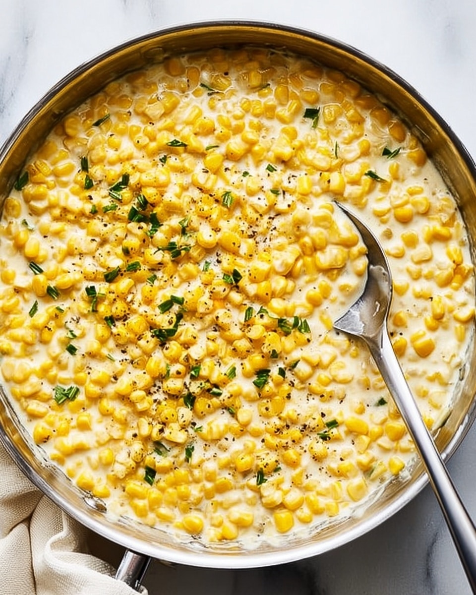 A close-up view of a shallow silver pan filled with creamy, cooked corn. The dish has a single layer of bright yellow corn kernels mixed evenly with a rich, white creamy sauce. The creamy layer has a smooth texture with small specks of black pepper and green herb pieces sprinkled on top. A silver spoon rests inside the pan, partially lifted, showing the cream and corn mixture. The pan sits on a white marbled surface with a small green herb leaf in the top left corner. photo taken with an iphone --ar 4:5 --v 7