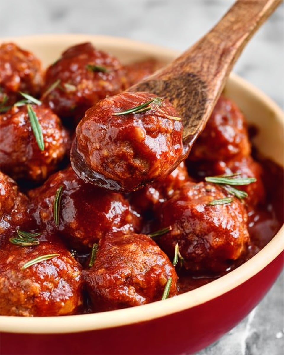 The image shows a close-up of many small meatballs covered in thick, shiny red sauce with a few small green herbs sprinkled on top. A wooden spoon is scooping up some meatballs, the texture of the sauce is smooth and glossy, and the meatballs look tender and juicy. The dish is in a white bowl, set against a white marbled surface. Photo taken with an iphone --ar 4:5 --v 7
