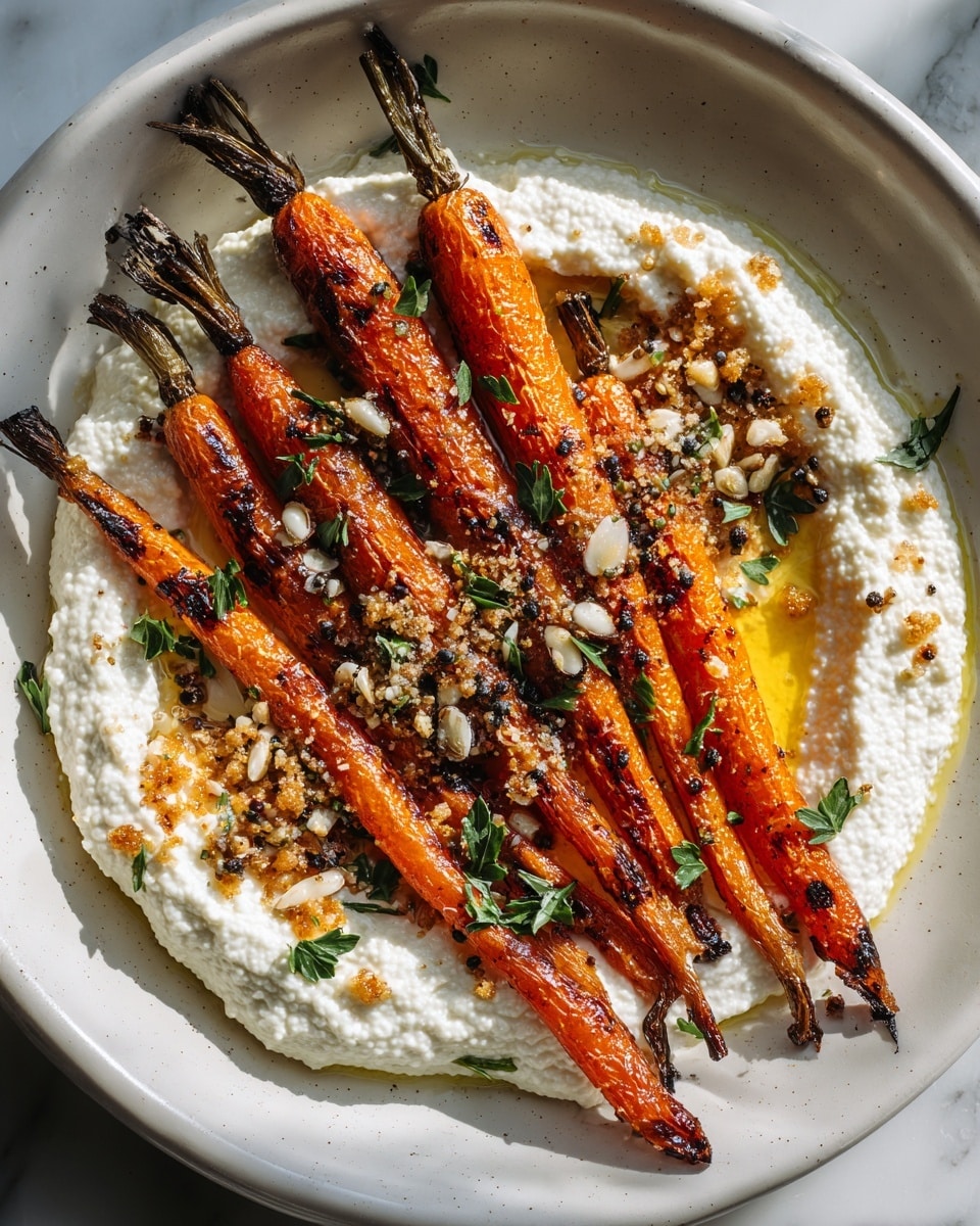 A white plate holds a thick, creamy white layer of ricotta or soft cheese spread evenly across the bottom. On top, six roasted carrots with a rich orange color and slight charring are laid in a neat row, their green tops still attached. The carrots are sprinkled with small green herb pieces and golden-brown crispy crumbs for texture. A drizzle of golden oil surrounds the cheese layer, adding shine. The plate sits on a white marbled surface. photo taken with an iphone --ar 4:5 --v 7