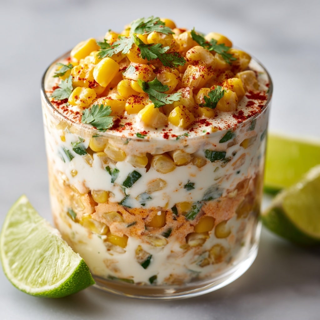 The image shows a clear plastic cup filled with a layered corn dish. Starting from the bottom, there is a thick layer of creamy white sauce mixed with bright yellow corn kernels scattered throughout with some green herb bits. Above this is another dense layer of the same sauce and corn mixture, slightly dusted with reddish chili powder. The top layer is a heaping pile of whole yellow corn kernels covered in the white creamy sauce, sprinkled generously with chopped green herbs and a vivid red chili powder. The cup is placed on a white marbled surface with fresh lime wedges in the blurred background. Photo taken with an iphone --ar 4:5 --v 7