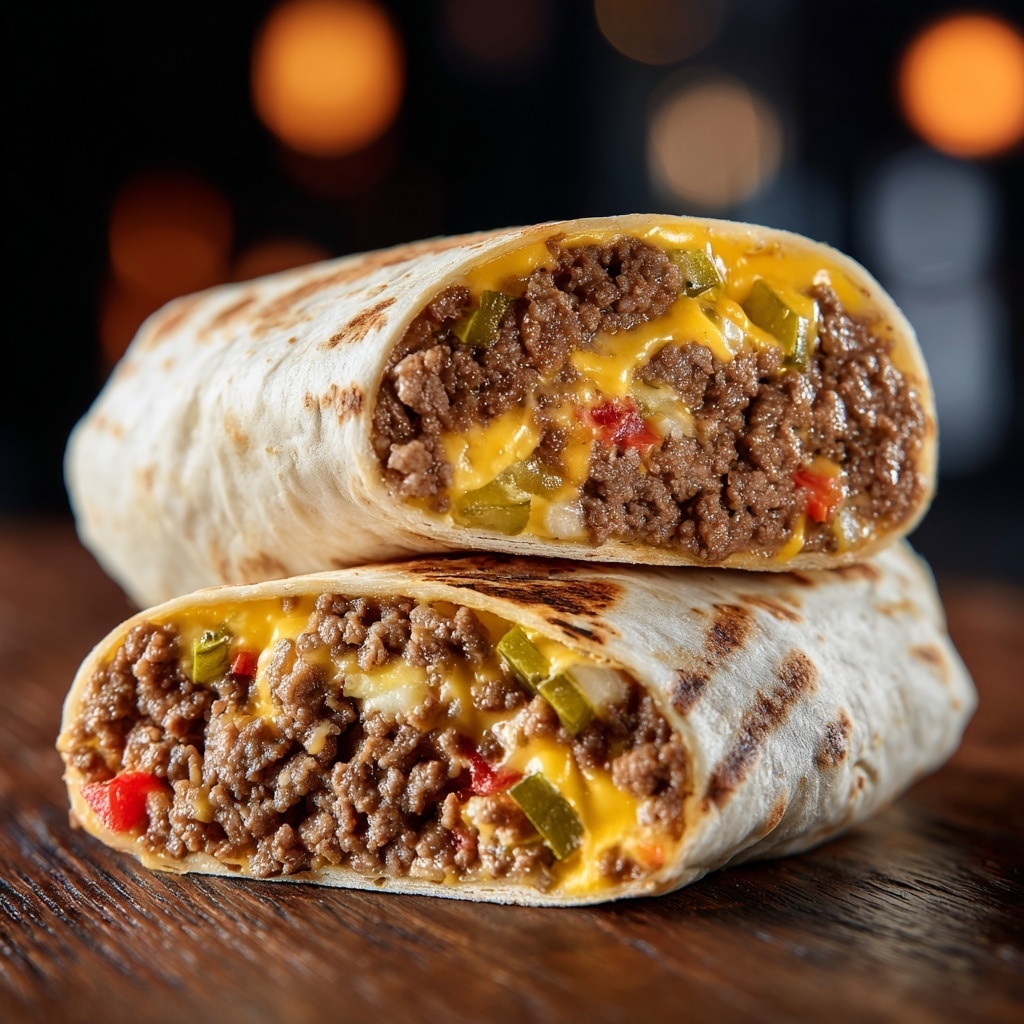 Two halves of a wrap stacked on each other, each showing three visible layers: soft light brown tortilla on the outside, a thick layer of cooked ground beef with a crumbly texture in the middle, and bright melted yellow cheese along with green pickles and bits of red pepper inside. The wrap edges have slight grill marks, and the whole scene is on a dark wooden surface with a soft blurry background. Photo taken with an iphone --ar 4:5 --v 7