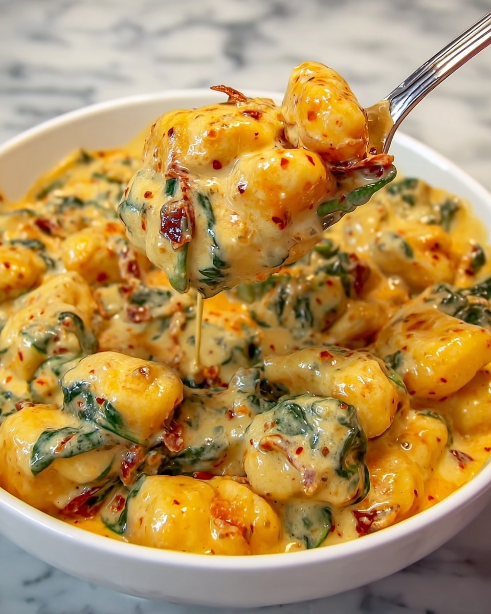 A skillet filled with creamy orange sauce containing small gnocchi and bits of seasoning, topped with a fresh layer of bright green chopped spinach placed in the center, the sauce bubbles slightly around the edges, all set on a white marbled stove surface. photo taken with an iphone --ar 4:5 --v 7