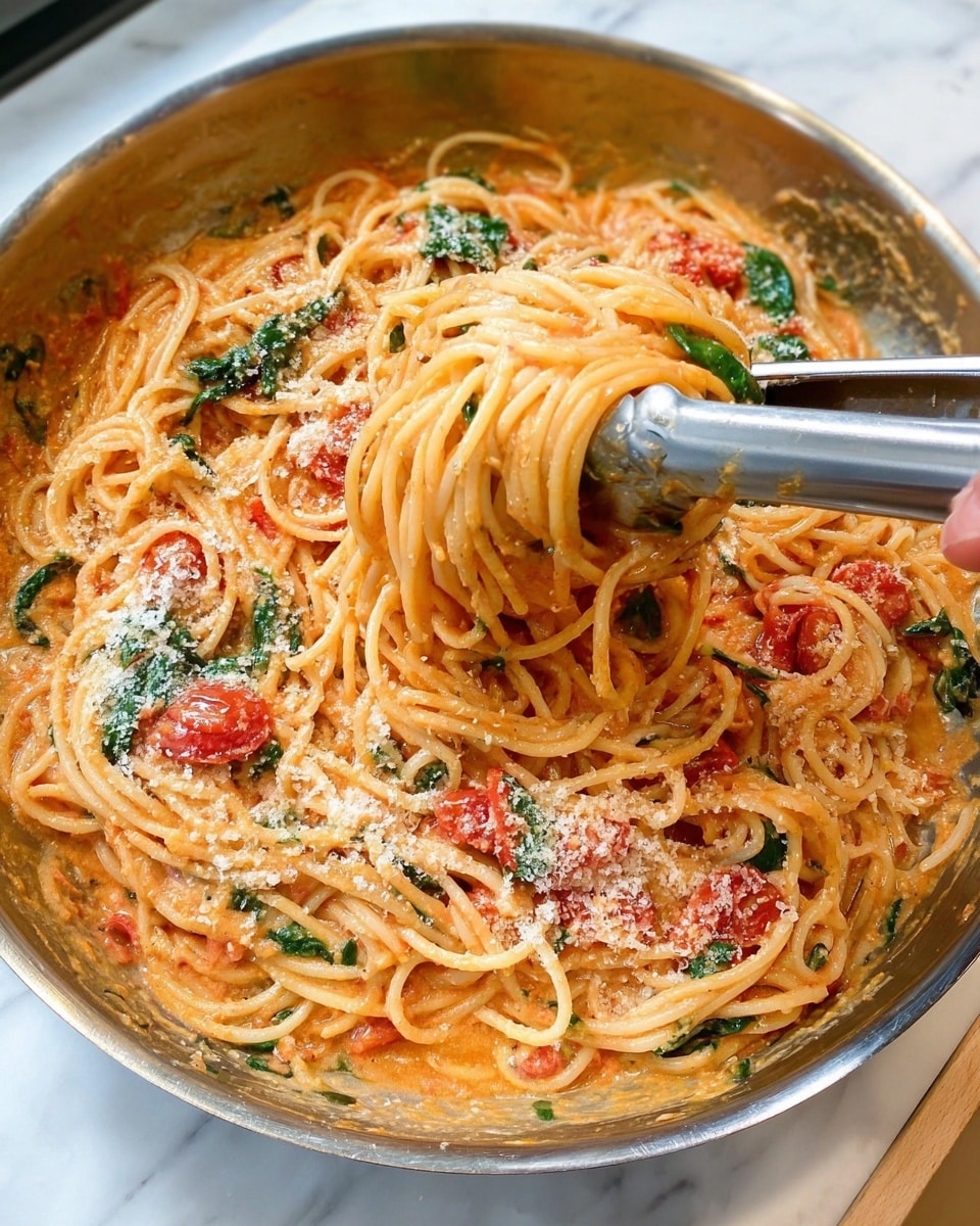 A silver pan holds spaghetti coated in a creamy, light orange sauce with visible bits of red tomato and green spinach mixed throughout. The pasta is being lifted with silver tongs held by a woman's hand on the right side, showing a thick coil of noodles. The sauce has a smooth texture with some sprinkled white grated cheese on top, especially near the edges. The pan sits on a wooden cutting board with a white marbled surface behind it. Photo taken with an iphone --ar 4:5 --v 7