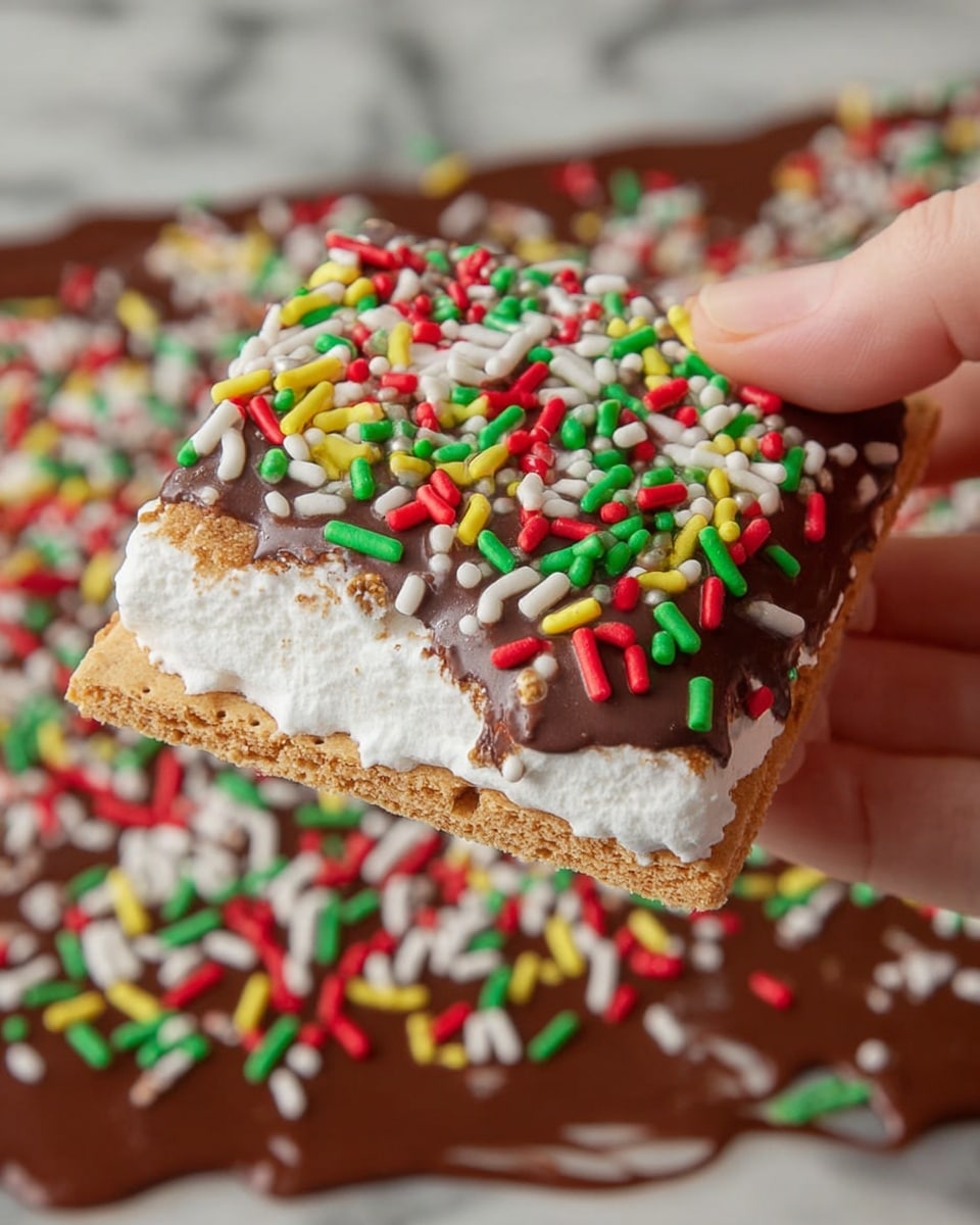 A close-up shows a woman's hand holding a square graham cracker with three visible layers: a light brown, textured cracker base; a thick white marshmallow middle layer that looks soft and gooey; and a top layer of smooth milk chocolate covered with colorful sprinkles in red, green, yellow, and white. The background features a flat surface of melted chocolate that is spread evenly and decorated with the same mix of colorful sprinkles, all set on a white marbled texture. photo taken with an iphone --ar 4:5 --v 7
