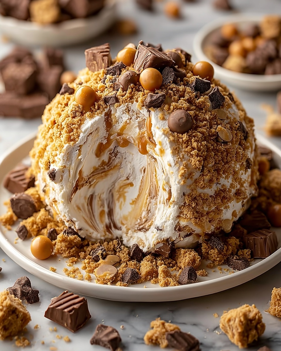 A round, dome-shaped dessert sits on a white plate on a white marbled surface, with one side scooped out showing its three main layers: a soft white creamy layer with swirls of caramel and chunks of peanut butter center; the outside layer is coated with crumbs of golden brown cookie, dark chocolate chips, small peanut butter cups, and scattered caramel candies; the plate is surrounded by more crumbs and chunks of chocolates and caramel pieces, adding texture to the setting. photo taken with an iphone --ar 4:5 --v 7
