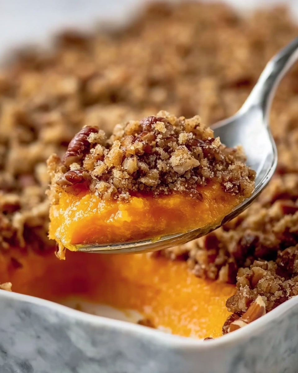 A creamy orange layer of mashed sweet potatoes fills the bottom of a pale yellow baking dish, topped with a thick, crumbly golden-brown streusel made of chopped nuts and sugar, creating a rough texture that covers the whole surface evenly. The edges of the sweet potato layer peek out slightly under the streusel near the corners, adding a smooth contrast to the crunchy topping. The dish sits on a bright blue cloth against a white marbled texture background, showing a warm and cozy baked dessert scene. photo taken with an iphone --ar 4:5 --v 7