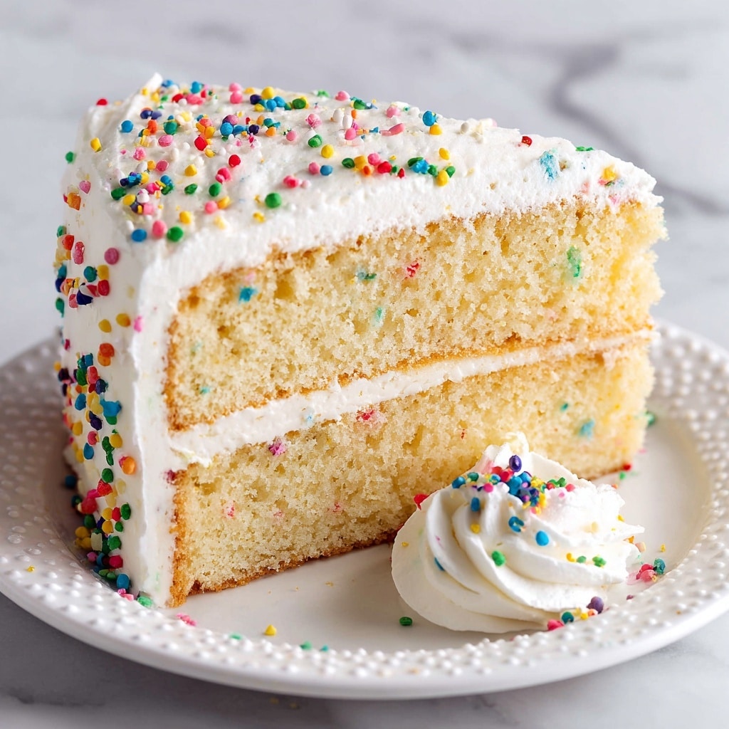 A three-layer round cake covered in smooth white frosting has a thin textured swirl pattern on the sides. The top of the cake has six evenly spaced dollops of creamy piped frosting, each looking soft and whipped. Around the top edge and the bottom edge of the cake, there is a thick band of colorful round sprinkles in shades of pink, yellow, green, orange, purple, and white, with some sprinkles randomly spread across the cake surface and the white marbled table beneath it. The white frosting contrasts softly with the bright sprinkles, making it look festive and cheerful. Photo taken with an iphone --ar 4:5 --v 7