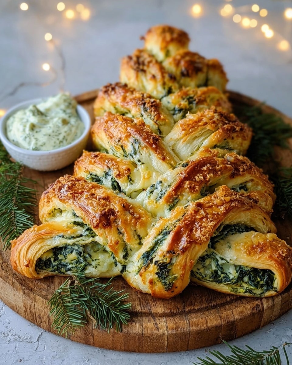 A baked pastry shaped like a Christmas tree with about three visible layers, each layer showing a golden-brown crust on the outside and a green, spinach and cheese filling inside; the layers are twisted to reveal the filling in a leaf-like pattern, with the top layer showing a lightly browned, slightly crispy texture sprinkled with grated cheese; it is placed on a round wooden board, surrounded by small green herb sprigs, and has a small white bowl of creamy green herb dip on the side; the background is a white marbled texture with soft, blurred warm lights. photo taken with an iphone --ar 4:5 --v 7