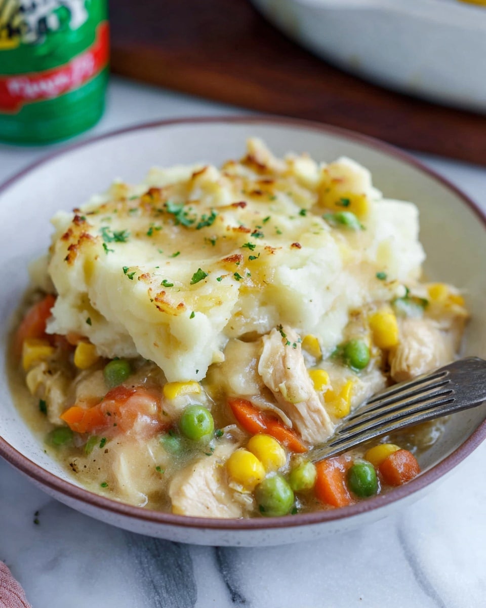The dish is a baked casserole in a black cast iron pan, showing one thick layer of golden-brown mashed potato topping with a ridged texture and small specks of green herbs on top. Below the mashed potatoes is a creamy, light beige layer with visible pieces of chicken, bright yellow corn, and green peas in a sauce. A wooden spoon lifts a portion of the casserole, revealing the soft texture underneath. Fresh green parsley leaves lie near the pan on a white marbled surface. Photo taken with an iphone --ar 4:5 --v 7
