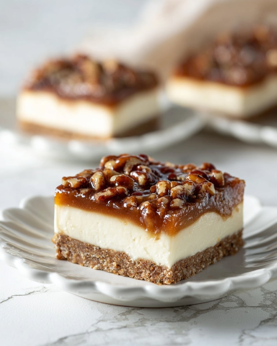 The image shows a close-up of a dessert with three layers in a white baking dish. The bottom layer is a thick, light golden brown crust with a smooth texture. On top of this crust is a rich, dark brown caramel layer filled with whole and chopped pecans, which give a bumpy and glossy look to the surface. The caramel is shiny and thick, spreading evenly across the dessert. The edges show some slight browning where the crust meets the caramel. The dessert sits on a white marbled surface. photo taken with an iphone --ar 4:5 --v 7