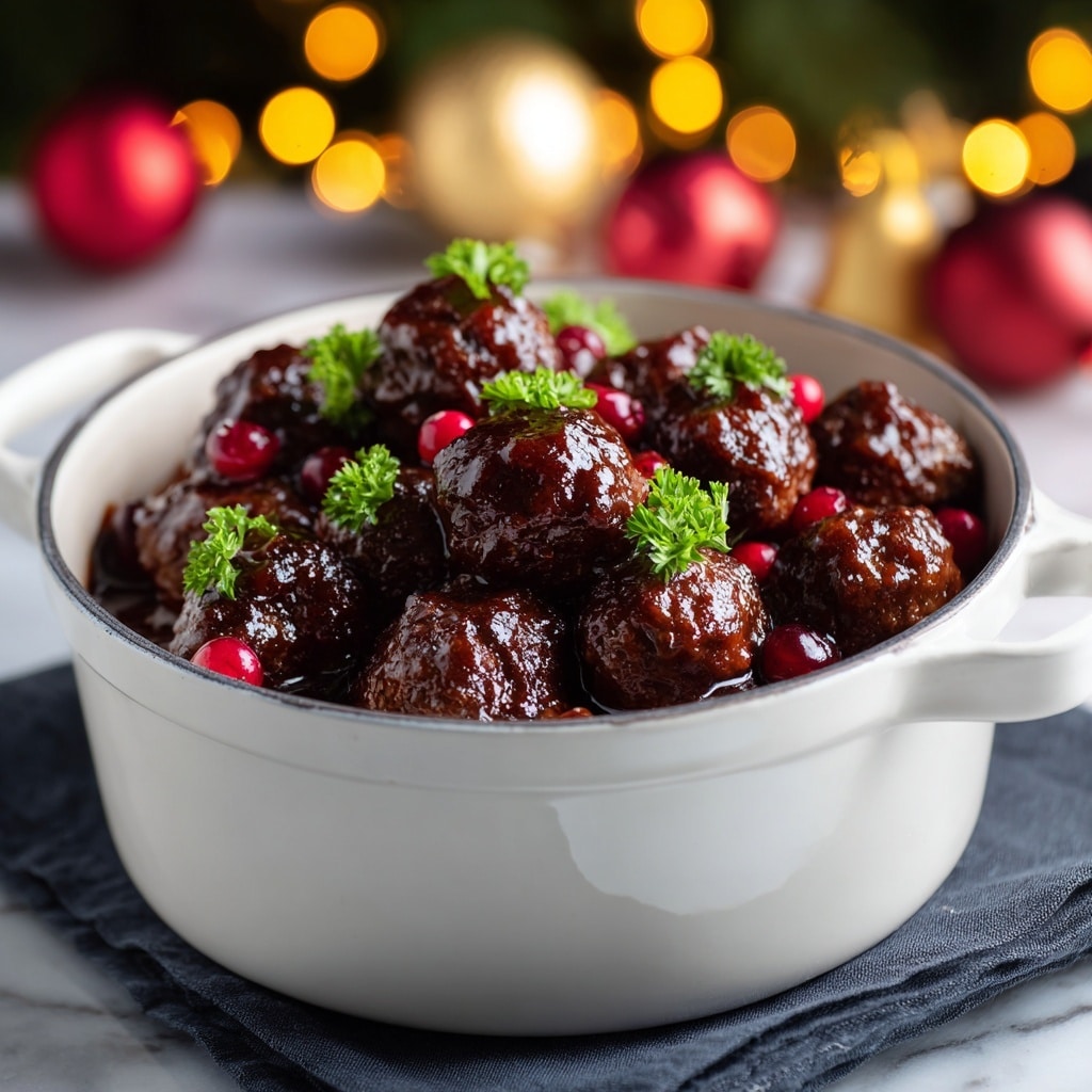 A white pot filled with about twenty dark brown meatballs, all covered in shiny thick reddish-brown sauce. The meatballs sit closely together, with many fresh green parsley leaves and bright red berries scattered on top, adding contrast. The pot is placed on a dark grey cloth on a wooden table, and the background has blurred Christmas decorations and warm lights creating a cozy feeling. photo taken with an iphone --ar 4:5 --v 7