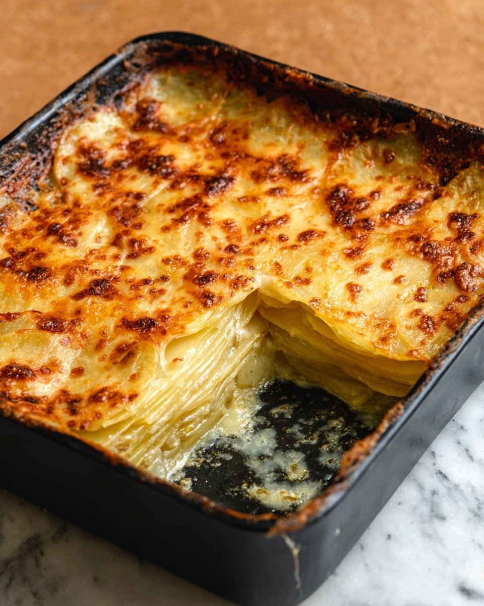 A square black baking dish holds a layered potato gratin with about 15 thin, golden-yellow potato layers stacked evenly, visible where a large slice is cut out. The top layer is covered with melted cheese, browned and bubbling, creating a crispy texture and rich golden spots with some parts slightly darker. The edges of the dish have browned, crispy cheese crust sticking to the sides. The dish is set on a white marbled texture. photo taken with an iphone --ar 4:5 --v 7