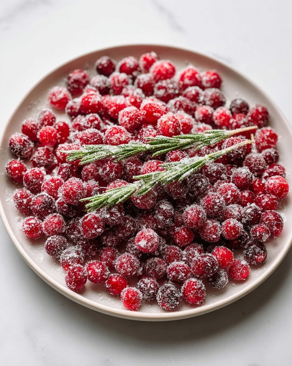 The image shows a round white plate filled with a single layer of bright red cranberries covered in a sparkling layer of sugar crystals. On top of the cranberries, there are two small green rosemary sprigs, also dusted with sugar, placed diagonally across the plate. The plate is set on a white marbled surface which adds a clean and elegant background. photo taken with an iphone --ar 4:5 --v 7