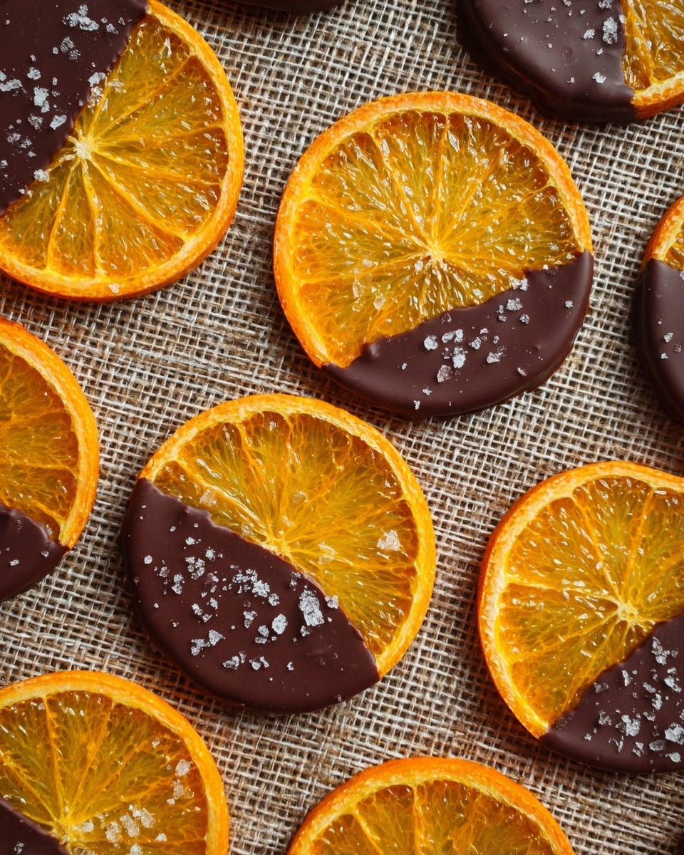 The image shows several thin, round orange slices laid out flat on a textured brown mat. Each orange slice is dipped halfway in smooth, dark chocolate, covering about half of the bright orange surface. The chocolate side has small flakes of coarse white sea salt sprinkled on it, adding texture contrast. The orange side is translucent, showing the delicate veins and segments inside. The orange peel edges are a vibrant, darker orange color, making a clear border around each slice. The layout is orderly, with slices spaced evenly and some overlapping slightly, all placed on a white marbled surface. photo taken with an iphone --ar 4:5 --v 7