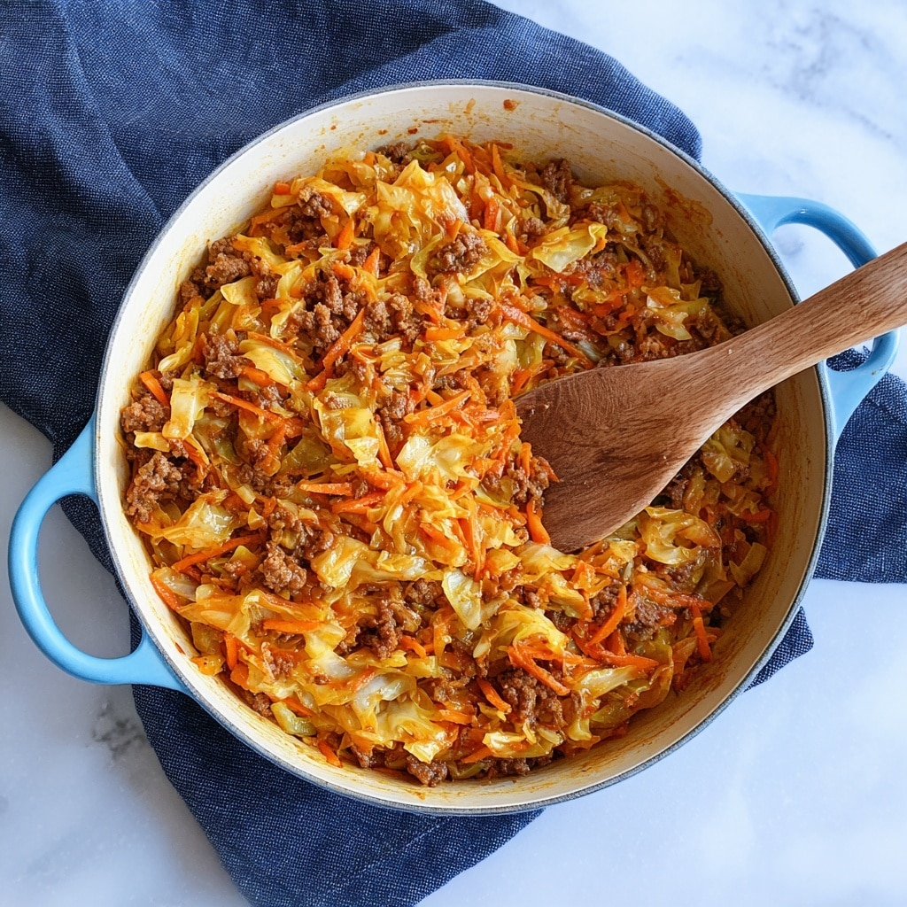 A large blue pot filled with a cooked dish showing soft, shredded light orange cabbage mixed with small chunks of brown meat, all coated in a slightly oily, orange-tinted sauce. A wooden spoon rests inside the pot, partially submerged in the food, with some sauce clinging to it. A bay leaf is visible on the left side of the mixture. The pot sits on a surface with a white marbled texture. photo taken with an iphone --ar 4:5 --v 7