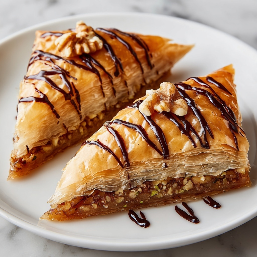 A close-up of two triangular pieces of baklava on a white plate, each with about five visible layers of thin, golden brown, flaky phyllo dough. Between the layers, there is a filling of finely chopped nuts with a slightly sticky texture. The top layer is shiny and crisp, decorated with thin, dark brown chocolate drizzle lines running diagonally across it. Small chunks of walnuts are placed on top of each piece. The plate sits on a white marbled surface. photo taken with an iphone --ar 4:5 --v 7