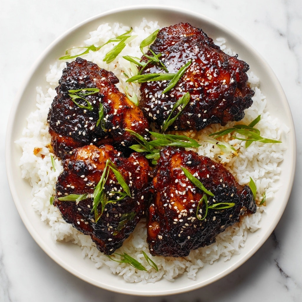 A white plate on a white marbled surface holds a layer of fluffy white rice as the base. On top of the rice are three large pieces of grilled chicken thighs coated in a thick, shiny dark brown glaze with a sticky texture. Each chicken piece is sprinkled with small white sesame seeds and bright green chopped scallions, adding color contrast. The glaze looks rich and slightly caramelized with some charred edges. photo taken with an iphone --ar 4:5 --v 7
