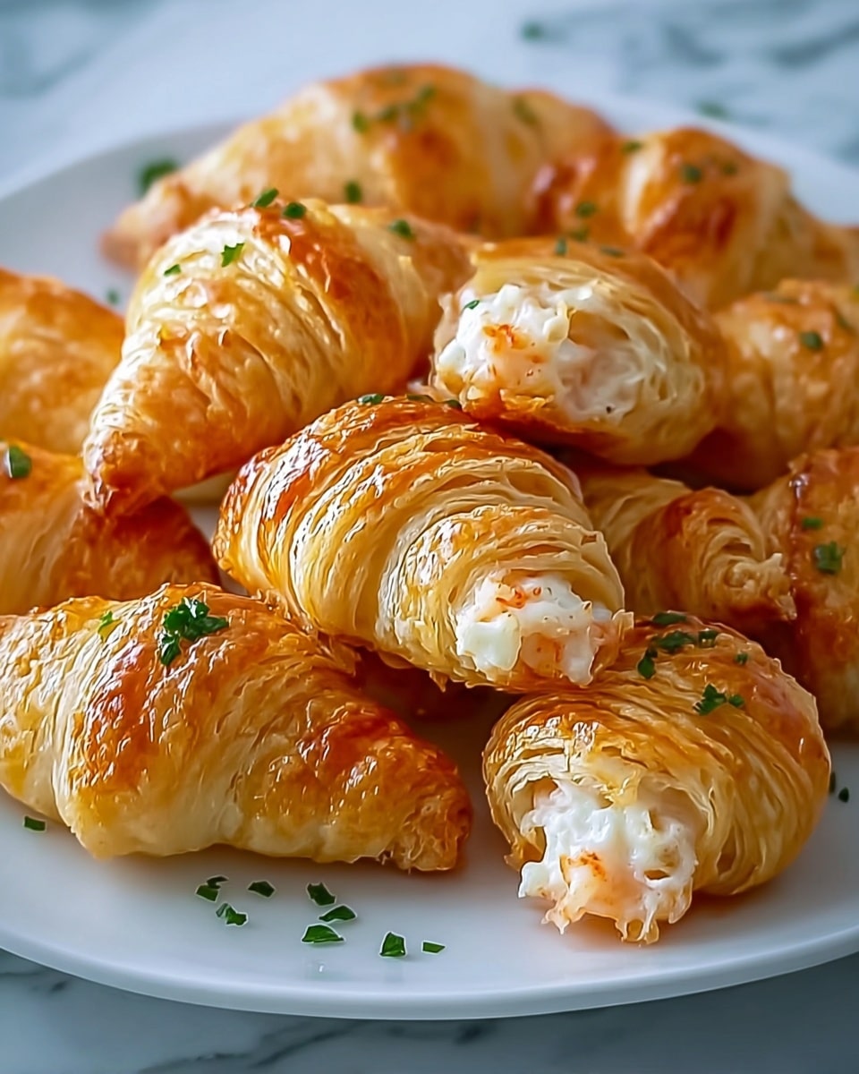 The image shows a white plate filled with small golden brown crescent-shaped pastries. Each pastry has a crispy, flaky outer layer with visible thin swirls and is slightly shiny from a glaze. Inside, the filling is white with small bits of orange, suggesting a shrimp or crab mixture. The pastries are sprinkled with small pieces of green herbs, adding color contrast. The white plate rests on a white marbled surface. photo taken with an iphone --ar 4:5 --v 7