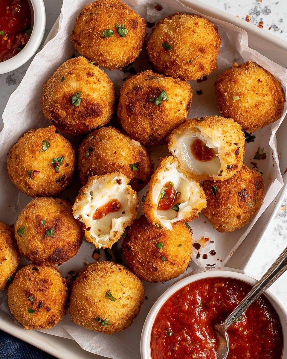 A white tray lined with parchment paper holds about 16 golden-brown, crispy fried cheese balls with a rough, crunchy texture, some garnished with small bits of green herbs. Two of the balls are cut open, revealing a soft, white creamy cheese filling inside with a bit of red sauce. A silver spoon rests on the tray's right side, topped with bright red marinara sauce that has a slightly chunky texture. Small drops of sauce and herbs are scattered around the tray. The tray sits on a white marbled surface. photo taken with an iphone --ar 4:5 --v 7