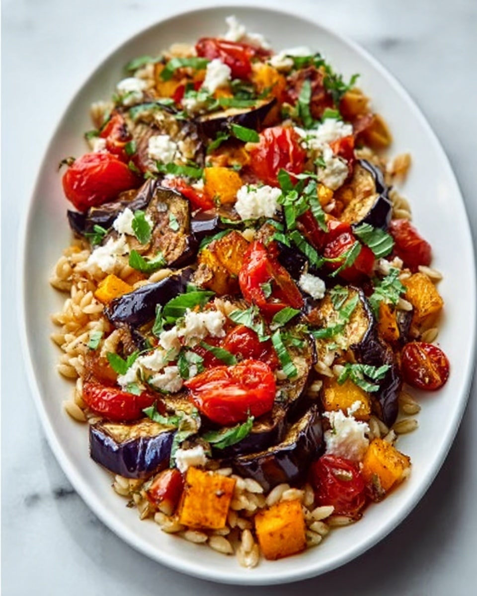 A white oval plate is filled with a colorful dish that has multiple layers. The bottom layer is small round pasta or grains that look creamy and light beige. On top of that are roasted vegetables including slices of eggplant with purple skin and soft yellow parts, cherry tomatoes that are red and slightly wrinkled from roasting, and orange-yellow cubes that could be roasted squash or sweet potato. Scattered over everything are small white crumbles of cheese and fresh green herbs that look like parsley or basil, adding bright color and texture. The dish looks fresh and vibrant, with a mix of soft, smooth, and crumbly textures. The plate sits on a white marbled surface. Photo taken with an iphone --ar 4:5 --v 7