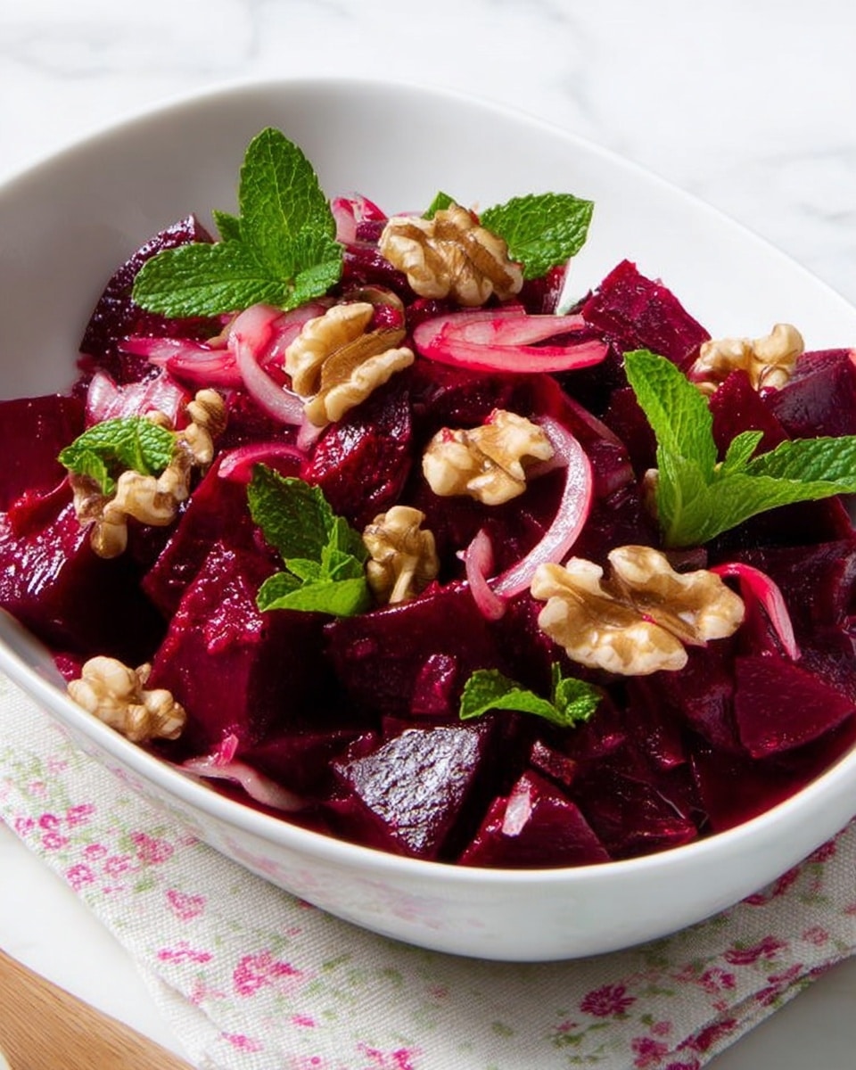 This image shows a white oval bowl filled with a colorful beet salad. The salad has dark red, shiny beet cubes mixed with curly slices of light purple onion. There are pieces of light brown walnut scattered through the salad, and bright green fresh mint leaves on top as garnish. The bowl rests on a white marbled surface covered partially by a cloth with pink and red flower patterns. The colors of the salad create a fresh and crisp look with a mix of textures from the soft beets, crunchy walnuts, and leafy mint. photo taken with an iphone --ar 4:5 --v 7