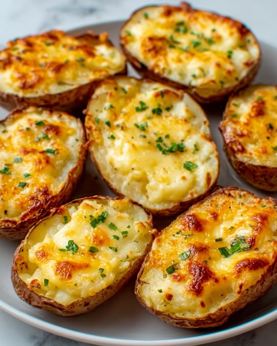 The image shows several potato halves arranged close together on a white plate, sitting on a white marbled surface. Each potato half has three layers: the skin, which is brown and textured, forming the base; a creamy, light yellow mashed potato layer filling the inside; and a top layer of melted, golden-brown cheese with some browned spots and small green herb pieces scattered over each. The cheese layer looks slightly bubbly and shiny, making the potatoes appear hot and freshly baked. photo taken with an iphone --ar 4:5 --v 7